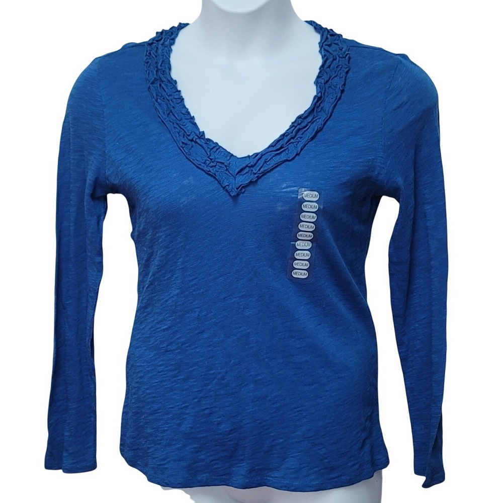Chelsea & Theodore  Blue Cotton Slub Knit Ruffled V Neck Long Sleeve Shirt M Y2K